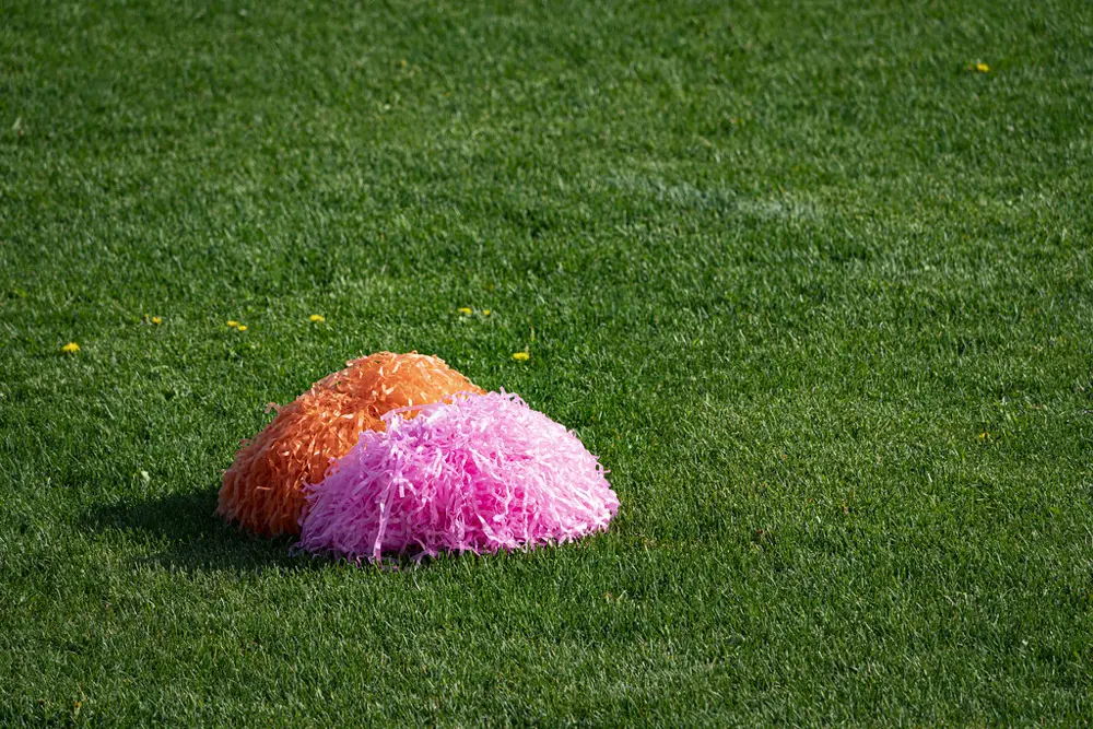 Orange and pink cheerleading pom-poms resting on the grass of a football field, illustrating pro cheer and dance content on Instagram in the US