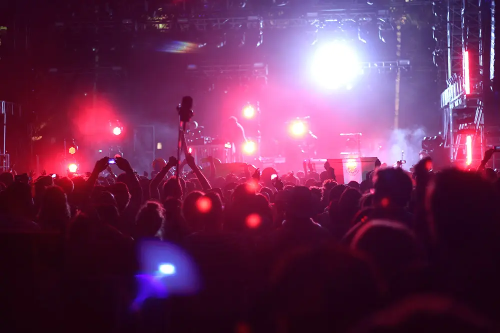 Crowd with raised hands facing a festival stage lit in pink and white, illustrating electronic dance music content on Instagram in the US